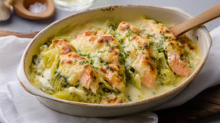 Spitzkohl-Lachs-Auflauf, serviert in einer ofenfesten Form.