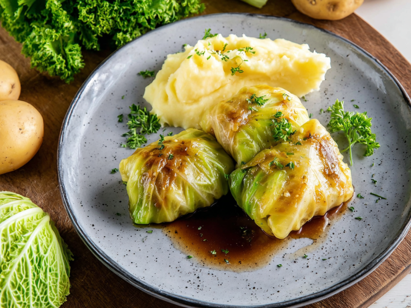 Einige Spitzkohlrouladen mit Hackfleisch auf einem Teller mit Kartoffelpüree und Bratensoße.