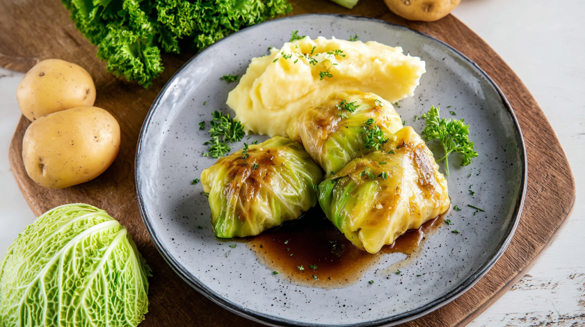 Einige Spitzkohlrouladen mit Hackfleisch auf einem Teller mit Kartoffelpüree und Bratensoße.