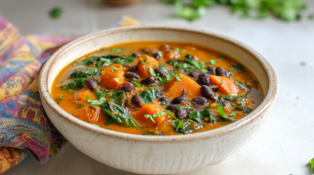 Eine Schale Süßkartoffel-Bohnensuppe auf einem weißen Tisch. Links neben ihr liegt ein Tuch.