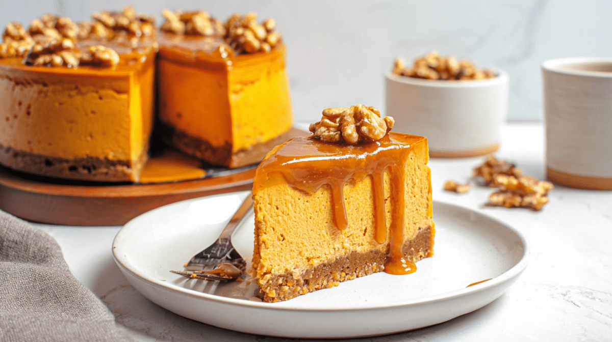 Ein Stück Süßkartoffel-Cheesecake mit Ahornsirup-Karamell auf einem weißen Teller. Im Hintergrund steht der Rest des Kuchens.