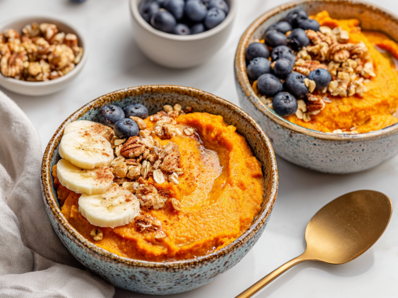 Zwei Schüsseln mit Süßkartoffel-Frühstücks-Bowls. Außen herum liegt ein Löffel, eine Stoffserviette und eine Schüssel mit frischen Heidelbeeren.