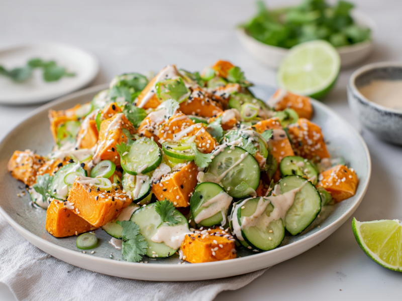 Ein Teller mit einem Süßkartoffel-Gurkensalat. Drum herum stehen Zutaten wie eine Limettenspalte, ein Schälchen mit Dip und frischem Koriander.