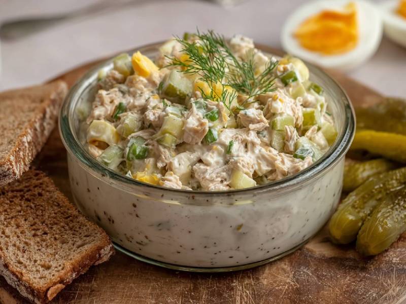 Schale mit Thunfisch-Eiersalat auf einem Tisch, Scheiben Brot, Gewürzgurken und ein aufgeschnittenes ei drumherum