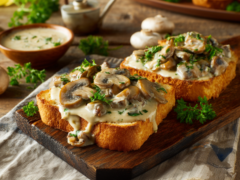 Zwei Toasts mit cremigen Pilzen auf einem Holzbrett. Dahinter liegen noch einige frische Champignons sowie eine Schale mit einer cremigen Soße.