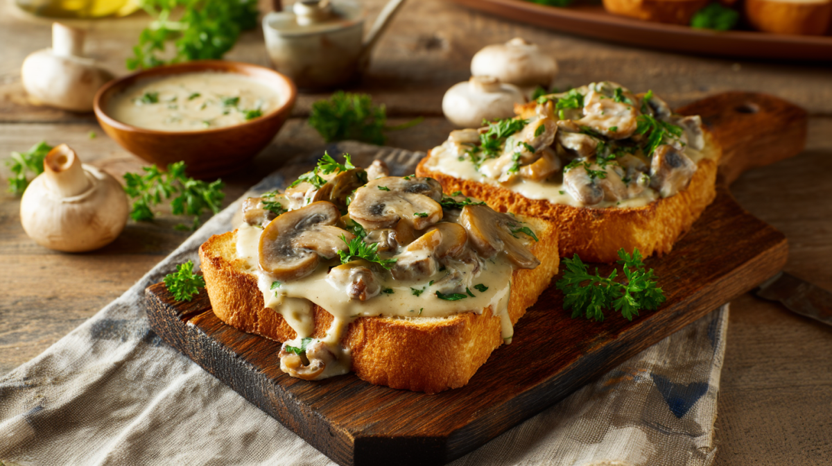 Zwei Toasts mit cremigen Pilzen auf einem Holzbrett. Dahinter liegen noch einige frische Champignons sowie eine Schale mit einer cremigen Soße.