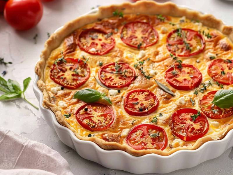Tomaten-Feta-Quiche auf einem Tisch