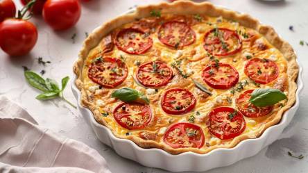 Tomaten-Feta-Quiche auf einem Tisch