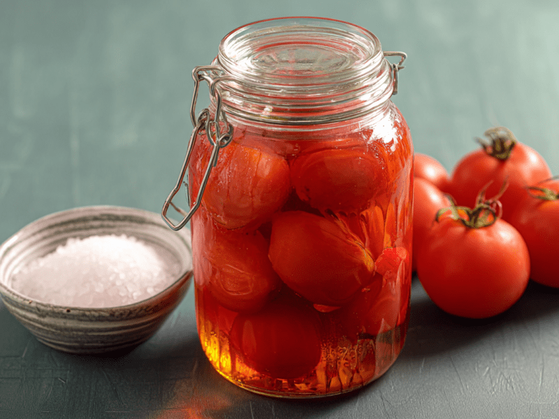 Ein Glas Tomaten in Salzwasser, daneben frische Tomaten und eine Schale Salz.