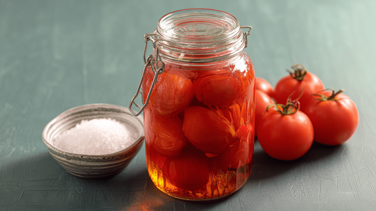 Ein Glas Tomaten in Salzwasser, daneben frische Tomaten und eine Schale Salz.