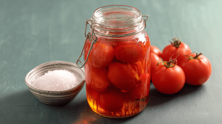 Ein Glas Tomaten in Salzwasser, daneben frische Tomaten und eine Schale Salz.