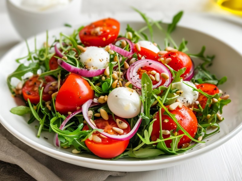 Ein Tomaten-Rucola-Salat mit Mozzarella und Pinienkernen auf einem tiefen Teller.
