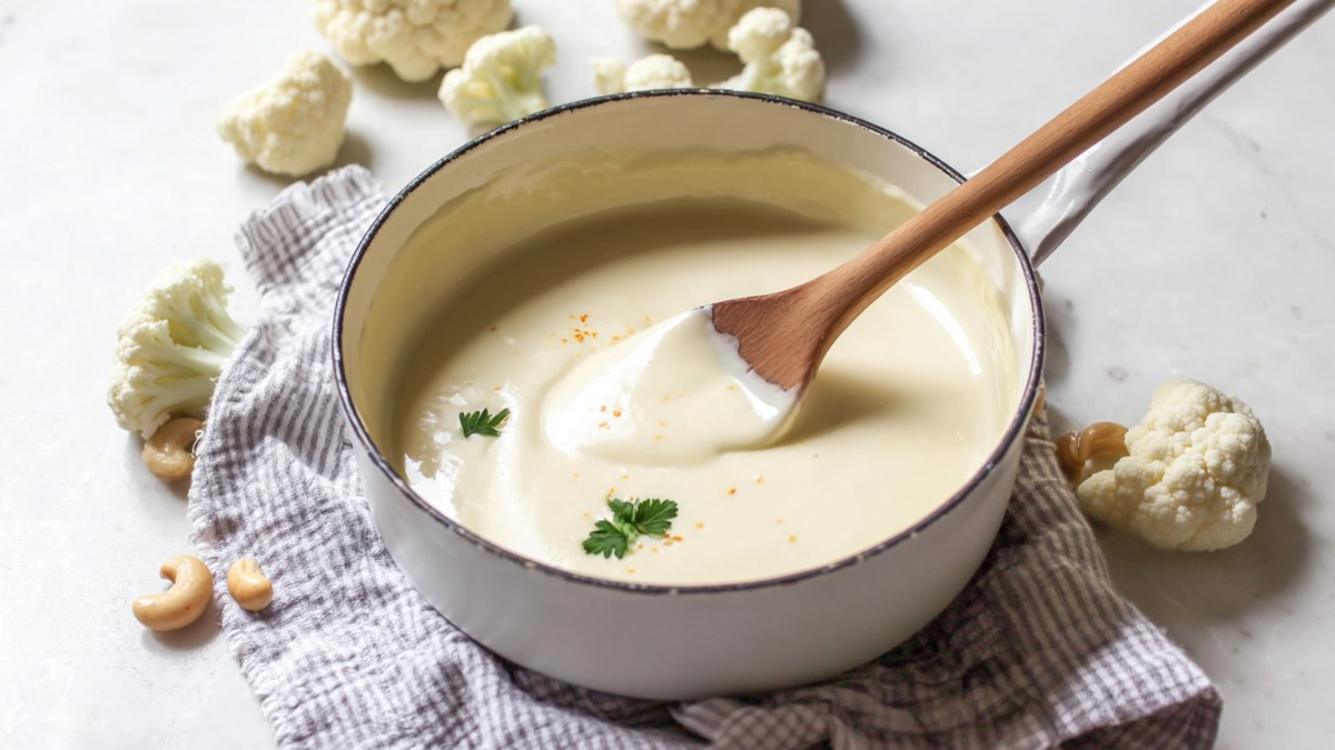Ein Kochtopf mit veganer Béchamel-Soße, in der ein Kochlöffel aus Holz liegt. Der Topf steht auf einem Küchenhandtuch. Ringsum liegen Blumenkohlröschen und einige Cashews herum.