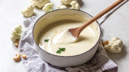 Ein Kochtopf mit veganer Béchamel-Soße, in der ein Kochlöffel aus Holz liegt. Der Topf steht auf einem Küchenhandtuch. Ringsum liegen Blumenkohlröschen und einige Cashews herum.
