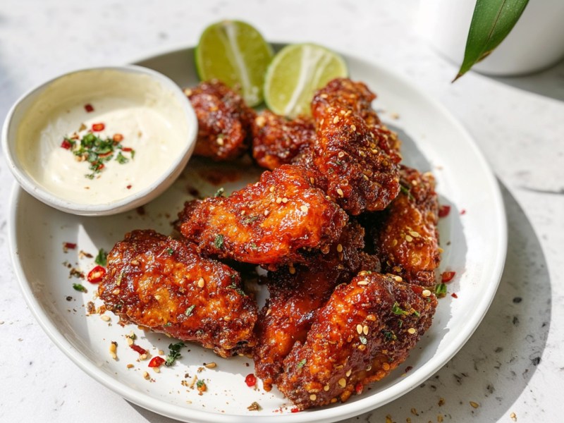 Ein Teller mit veganen Chicken Wings aus Enoki-Pilzen. Sie werden mit einer Schale Ranch-Dip und zwei Limettenschnitzen serviert. Ins Bild ragen ein paar Blätter einer Pflanze.