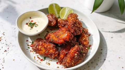 Ein Teller mit veganen Chicken Wings aus Enoki-Pilzen. Sie werden mit einer Schale Ranch-Dip und zwei Limettenschnitzen serviert. Ins Bild ragen ein paar Blätter einer Pflanze.