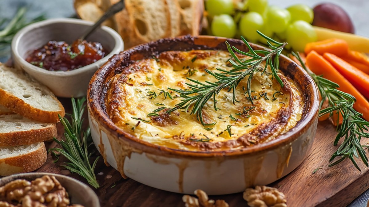 Eine runde Ofenform mit veganem Ofenkäse, der mit einem Rosmarinzweig garniert ist. Der Ofenkäse steht auf einem Holzbrett und ringsum sind frische Brotscheiben, Trauben, Gemüsesticks, eine Schale mit Chutney und Walnüssen.