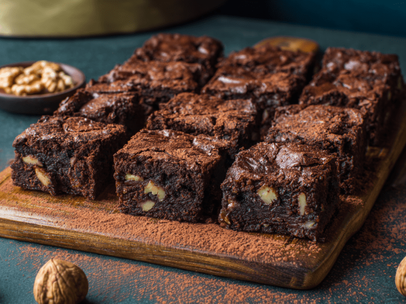 Ein Brett mit zwölf Walnuss-Pflaumen-Brownies. Sie sind mit Kakaopulver bestäubt. Um das Brett herum liegen einige Walnüsse verteilt.