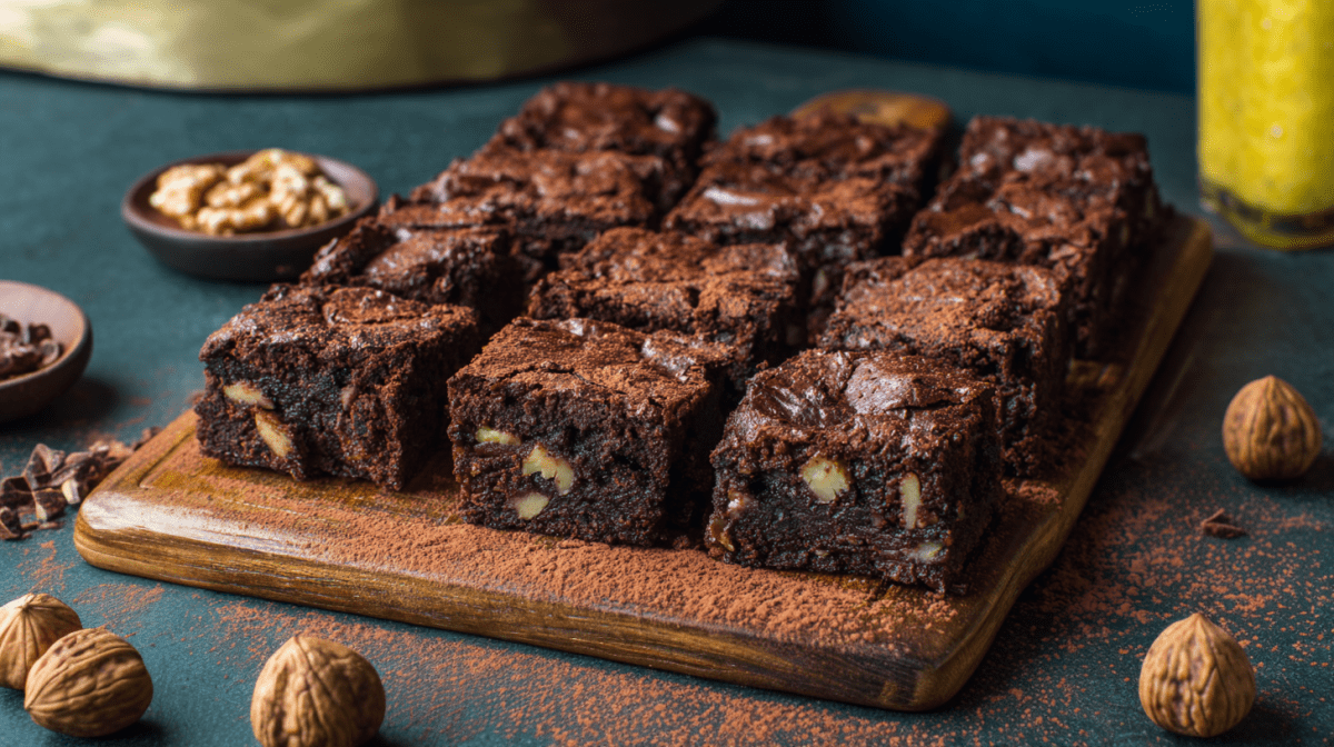 Ein Brett mit zwölf Walnuss-Pflaumen-Brownies. Sie sind mit Kakaopulver bestäubt. Um das Brett herum liegen einige Walnüsse verteilt.