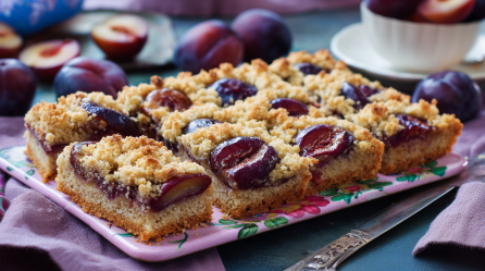 Walnuss-Zwetschgenkuchen mit Streuseln, in Stücke geschnitten und angerichtet auf einer Platte. Als Deko sind eine lilafarbene Stoffserviette und ganze Zwetschgen außen herum gelegt.