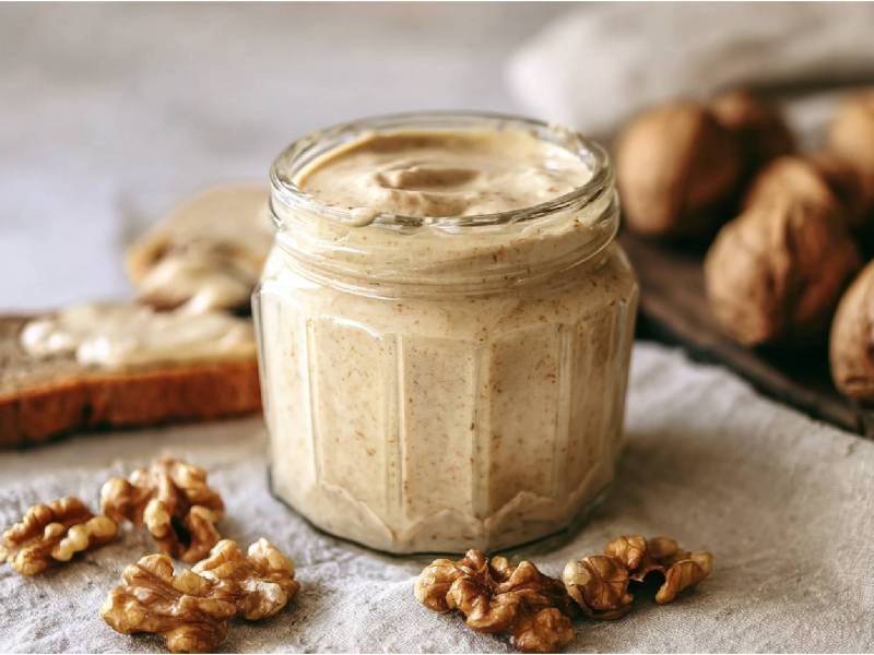 Ein Glas mit Walnussbutter und Walnüssen daneben