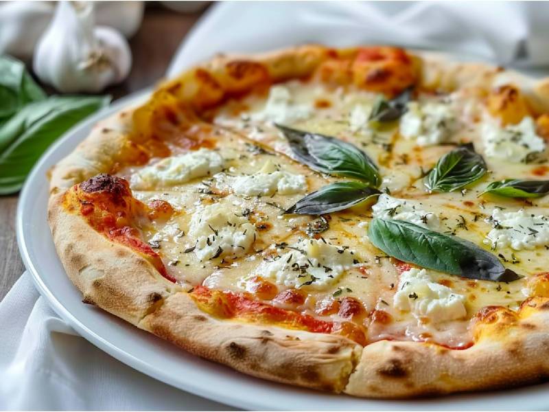 Eine weiße Pizza mit Ricotta und Mozzarella auf einem Tisch