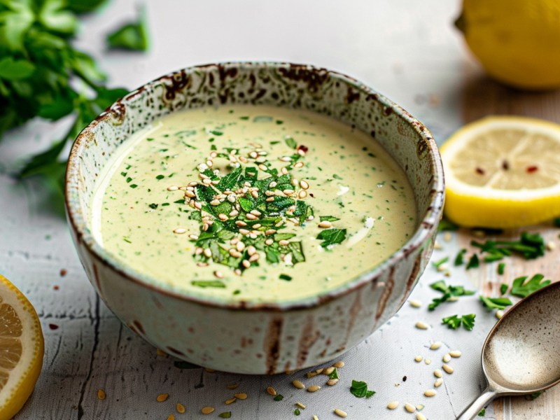 Eine Schüssel mit Zitronen-Kräuter-Sesamsoße. Ringsum liegen Zitronenscheiben, eine ganz Zitrone, ein Löffel, Sesamsamen und frische Kräuter verteilt.