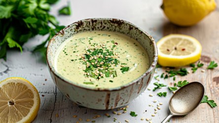 Eine Schüssel mit Zitronen-Kräuter-Sesamsoße. Ringsum liegen Zitronenscheiben, eine ganz Zitrone, ein Löffel, Sesamsamen und frische Kräuter verteilt.