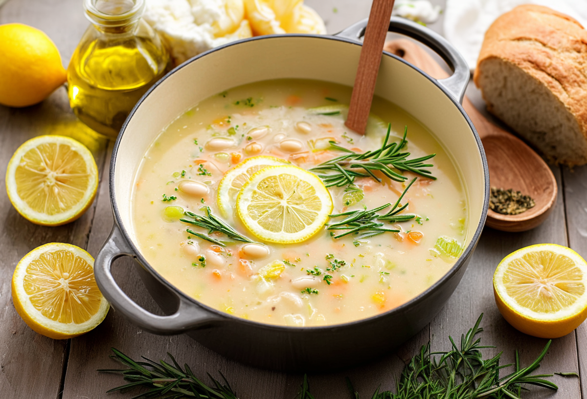 Ein Topf voller Zitronen-Rosmarin-Suppe mit Bohnen. Aufgeschnittene Zitronen und Brot liegen als Deko um den Topf.