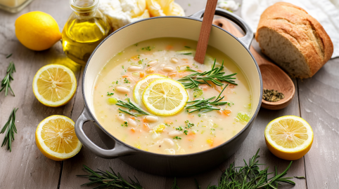Ein Topf voller Zitronen-Rosmarin-Suppe mit Bohnen. Aufgeschnittene Zitronen und Brot liegen als Deko um den Topf.