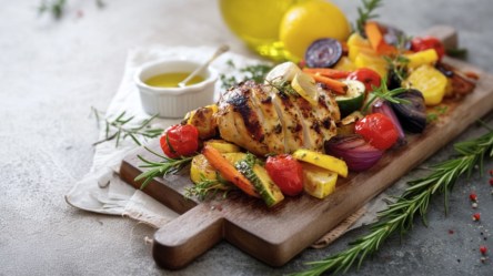 Zitronenhähnchen mit Gemüse aus dem Backofen auf einem Holzbrett.