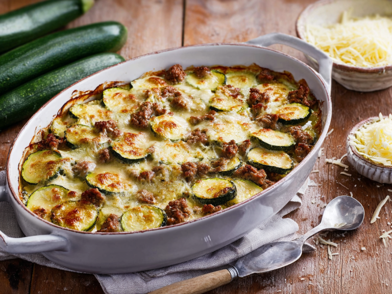 Zucchini-Hackfleisch-Gratin in einer Auflaufform, daneben liegen Zucchini und etwas Käse.