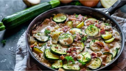 Zucchini-Schmorpfanne auf einem Tisch