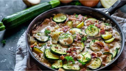 Zucchini-Schmorpfanne auf einem Tisch