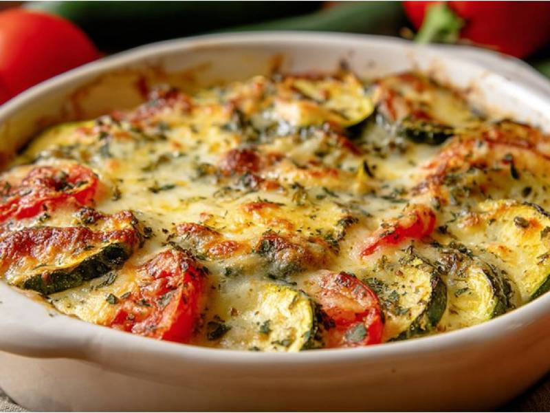Auflaufform mit Zucchini-Tomaten-Gratin