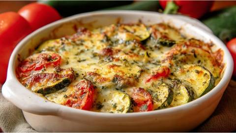Auflaufform mit Zucchini-Tomaten-Gratin