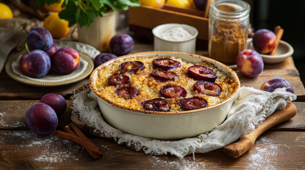 Eine Ofenform mit Zwetschgen-Reisauflauf. Herum liegen Zutaten wie Zwetschgen, Zimt und Zucker.