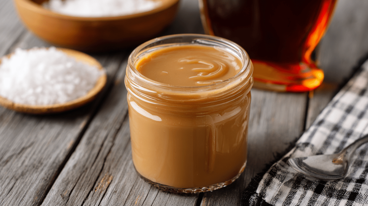 Ein Glas Ahornsirup-Karamell, im Hintergrund Sallz und Ahornsirup.