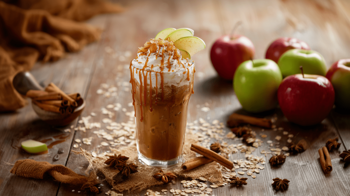 Ein Glas mit Apfel-Crisp-Cold-Brew auf einem Holztisch. Der Kaffee ist mit Schlagsahne, karamellisierten Apfelstücken und frischen Apfelscheiben garniert. Drumherum liegen Haferflocken, Zimtstangen und Sternanis. Rechts neben dem Glas liegen mehrere Äpfel.