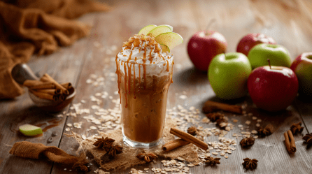 Ein Glas mit Apfel-Crisp-Cold-Brew auf einem Holztisch. Der Kaffee ist mit Schlagsahne, karamellisierten Apfelstücken und frischen Apfelscheiben garniert. Drumherum liegen Haferflocken, Zimtstangen und Sternanis. Rechts neben dem Glas liegen mehrere Äpfel.