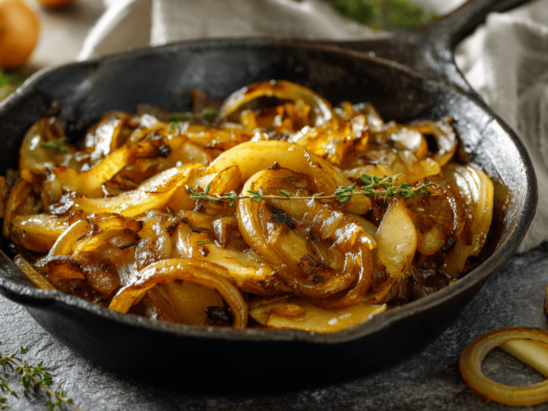 Apfel-Zwiebel-Gemüse in einer gusseisernen Pfanne.
