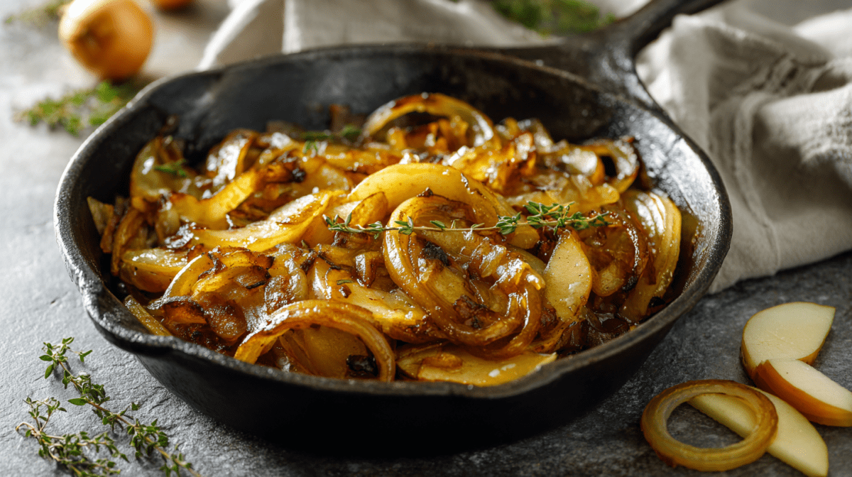 Apfel-Zwiebel-Gemüse in einer gusseisernen Pfanne.