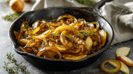 Apfel-Zwiebel-Gemüse in einer gusseisernen Pfanne.
