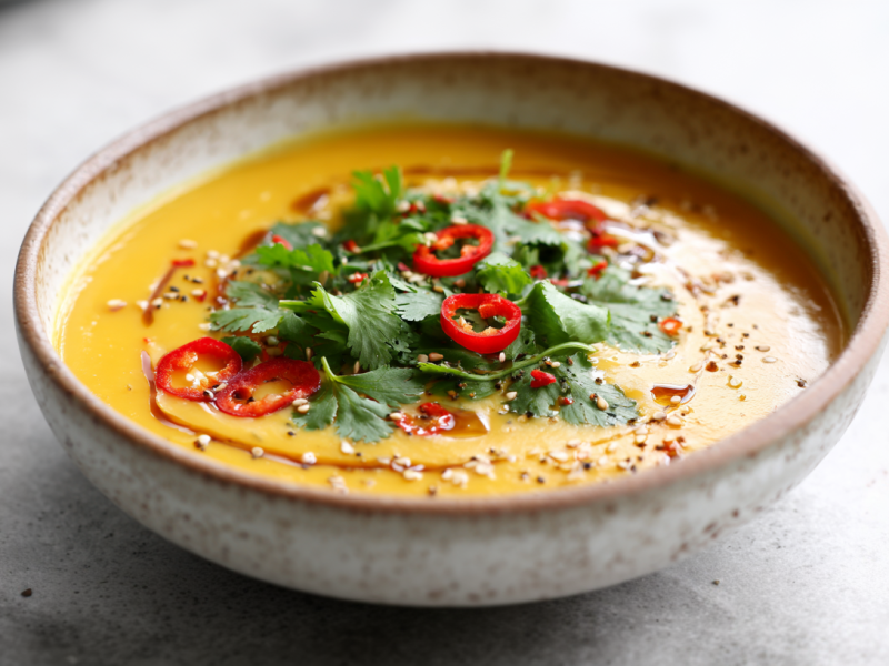 Eine Schüssel mit asiatischer Kürbissuppe auf grauem Untergrund. Links und rechts sieht man noch etwas Koriander liegen.