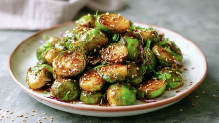 Asiatischer Rosenkohl mit Teriyaki-Soße und Sesam auf einem Teller.