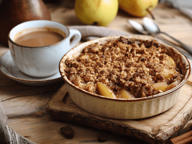 Birnen-Chai-Crumble auf einem Holzbrett auf einem Frühstückstisch. Dahinter steht eine Tasse Kaffee. Der Crumble ist umgeben von Zimtstangen und Gewürzen. Im Hintergrund sieht man noch zwei Birnen liegen.