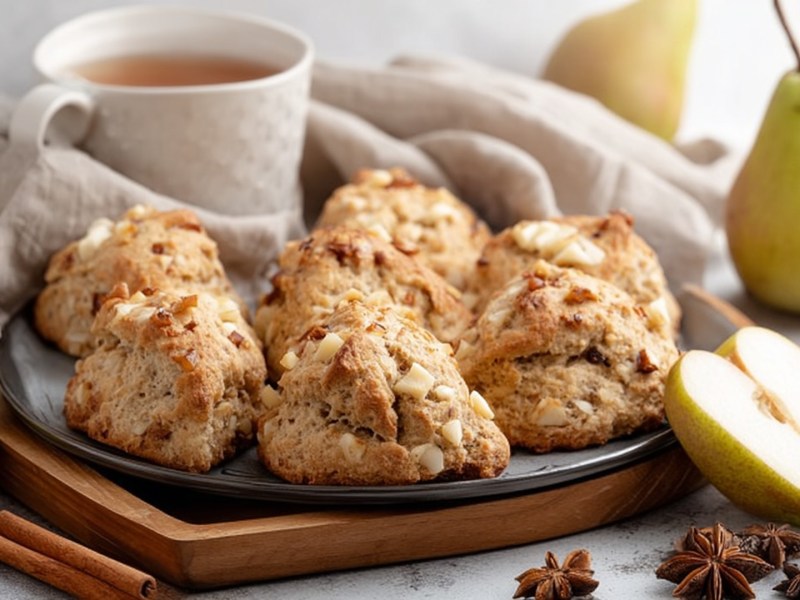 Ein Teller mit einigen Birnen-Chai-Scones. Ringsum sind ganze und aufgeschnittene Birnen zu erkennen, genauso wie ein Tasse Tee. Zudem liegen einige Zimtstangen sowie Sternanis herum.