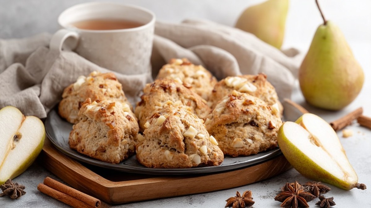 Ein Teller mit einigen Birnen-Chai-Scones. Ringsum sind ganze und aufgeschnittene Birnen zu erkennen, genauso wie ein Tasse Tee. Zudem liegen einige Zimtstangen sowie Sternanis herum.
