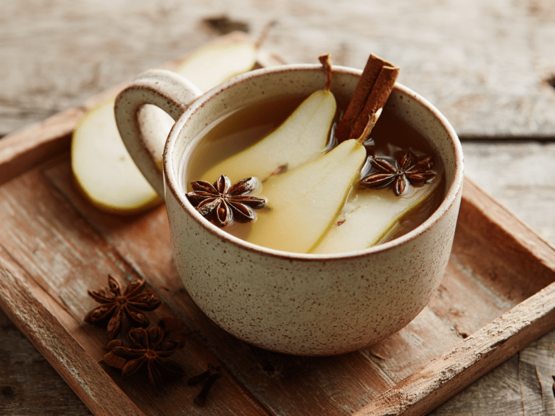 Eine Tasse Birnenpunsch auf einem kleinen Holztablett. Es liegen Birnen, Sternanis und eine Zimtstange in der Tasse.