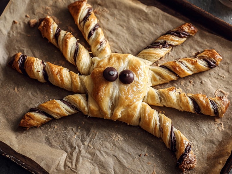 Eine Blätterteig-Spinne auf einem Backbleck.